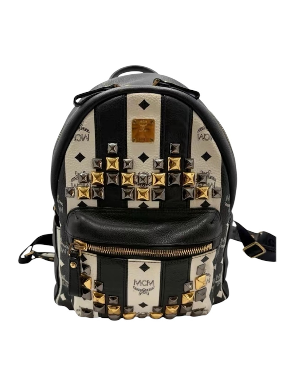 MCM Black & White Studded Visetos Backpack with Gold and Silver Accents